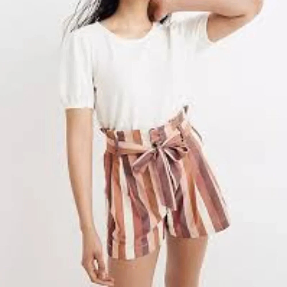Madewell Pink Striped Paperbag Tie Shorts